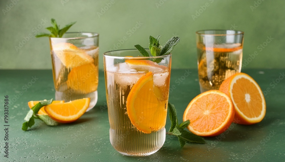 Delicious and refreshing cocktail with orange and mint on green background Delicious and refreshing cocktail with orange and mint on green background