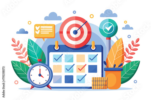 Dart and Clock on Calendar, Time management to meet business targets concept, Simple and minimalist flat Vector Illustration