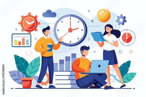 People gathered around a clock, discussing time management and data analysis, Time management with people, clocks and data analysts trending, Simple and minimalist flat Vector Illustration