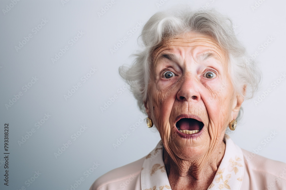 An elderly woman with gray hair and gold earrings shows a look of surprise with her mouth agape against a plain background generative AI An elderly woman with gray hair and gold earrings shows a look of surprise with her mouth agape against a plain background generative AI