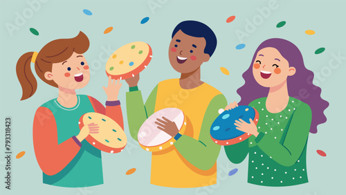 A group of friends excitedly decorate their homemade tambourines with glitter and stickers anticipating the lively music they will create at
