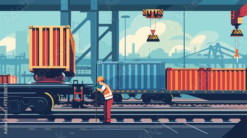 An employee is loading a container onto a freight train