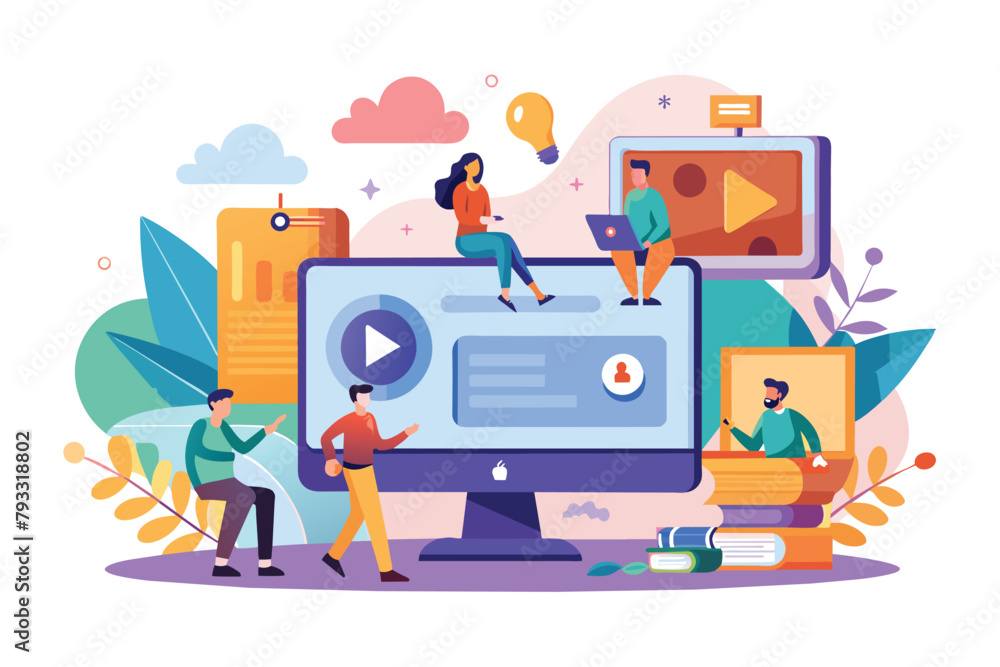 Several individuals are seated on a computer monitor, engaged in multimedia activities, Tiny people playing multimedia on computer, Simple and minimalist flat Vector Illustration Several individuals are seated on a computer monitor, engaged in multimedia activities, Tiny people playing multimedia on computer, Simple and minimalist flat Vector Illustration