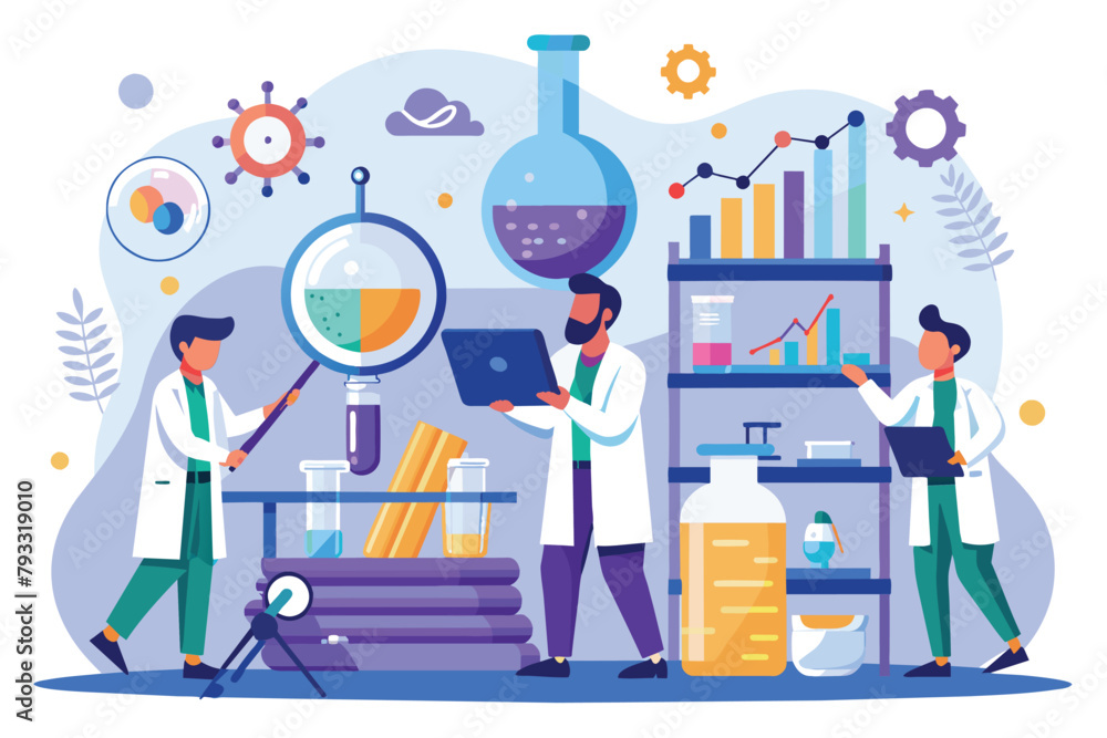 Group of people standing around in a lab, analyzing data and discussing research findings, Tiny people researcher analyzing data in the lab, Simple and minimalist flat Vector Illustration Group of people standing around in a lab, analyzing data and discussing research findings, Tiny people researcher analyzing data in the lab, Simple and minimalist flat Vector Illustration