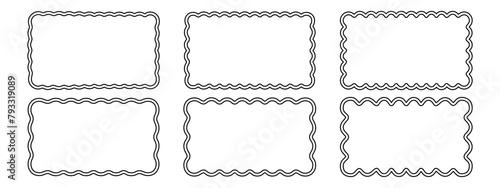 Set of rectangle frames with double wavy borders. Wiggly rectangular shapes. Empty text boxes, tags, headlines or web banner templates with scalloped edges. Vector graphic illustration.