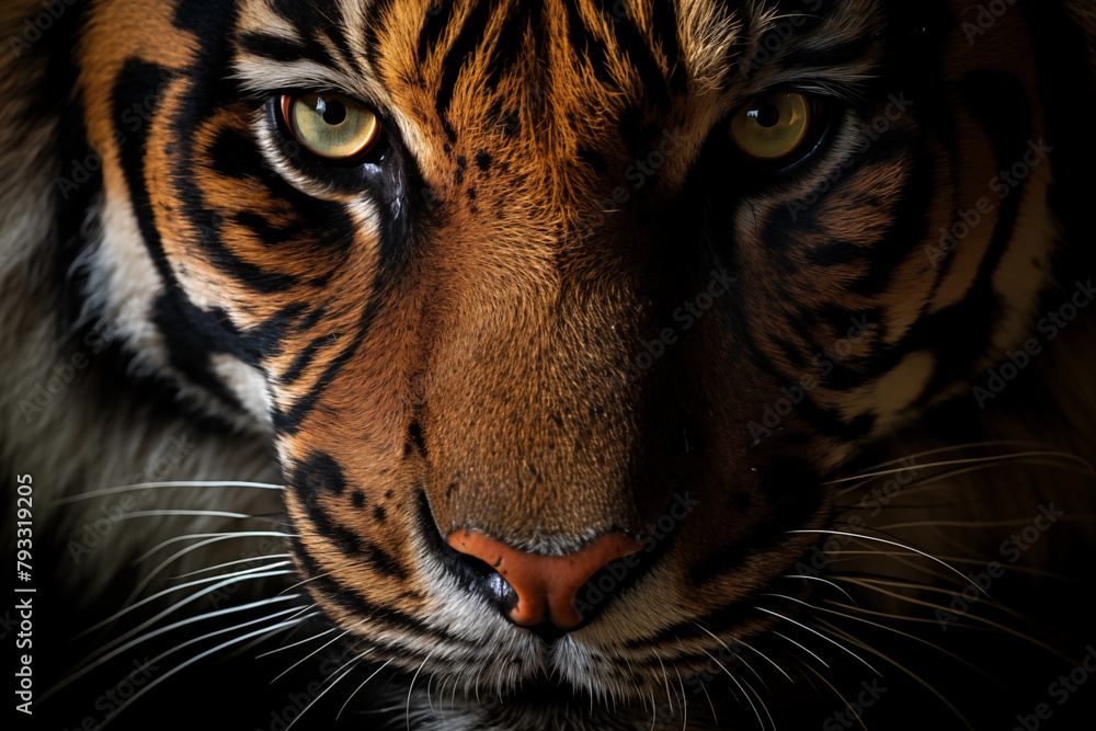 High-detail close-up of a fierce tiger's face, highlighting its piercing eyes and stripes High-detail close-up of a fierce tiger's face, highlighting its piercing eyes and stripes