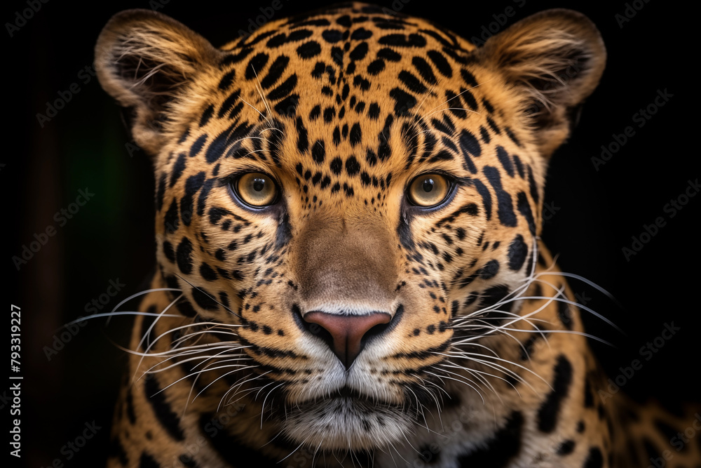 Close-up of a jaguar's face with sharp focus on its captivating eyes against a dark background Close-up of a jaguar's face with sharp focus on its captivating eyes against a dark background