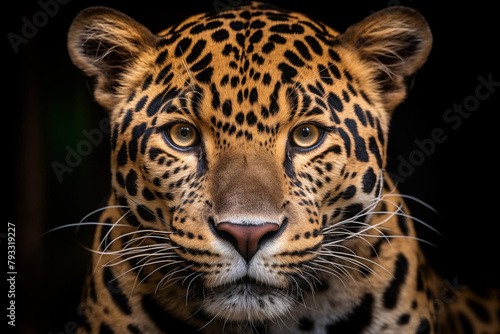 Close-up of a jaguar's face with sharp focus on its captivating eyes against a dark background