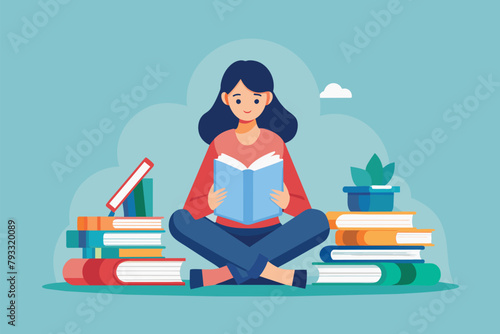 Woman Sitting on Floor Reading Book, Tiny woman reading a book between pile of books, Simple and minimalist flat Vector Illustration