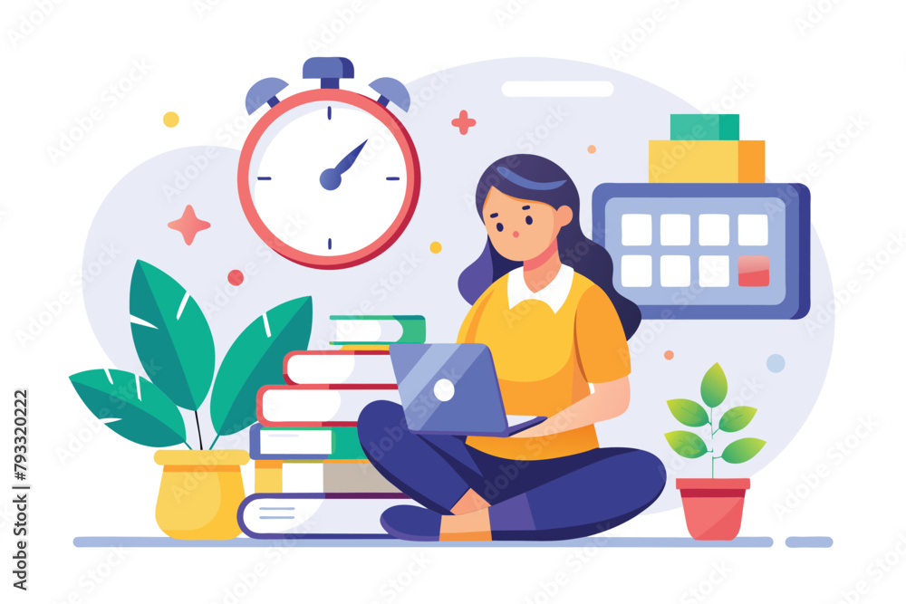 A woman sitting on the floor with a laptop open in front of her, next to a tall stack of books, Tiny woman setting study time reminder, time management, Simple and minimalist flat Vector Illustration A woman sitting on the floor with a laptop open in front of her, next to a tall stack of books, Tiny woman setting study time reminder, time management, Simple and minimalist flat Vector Illustration