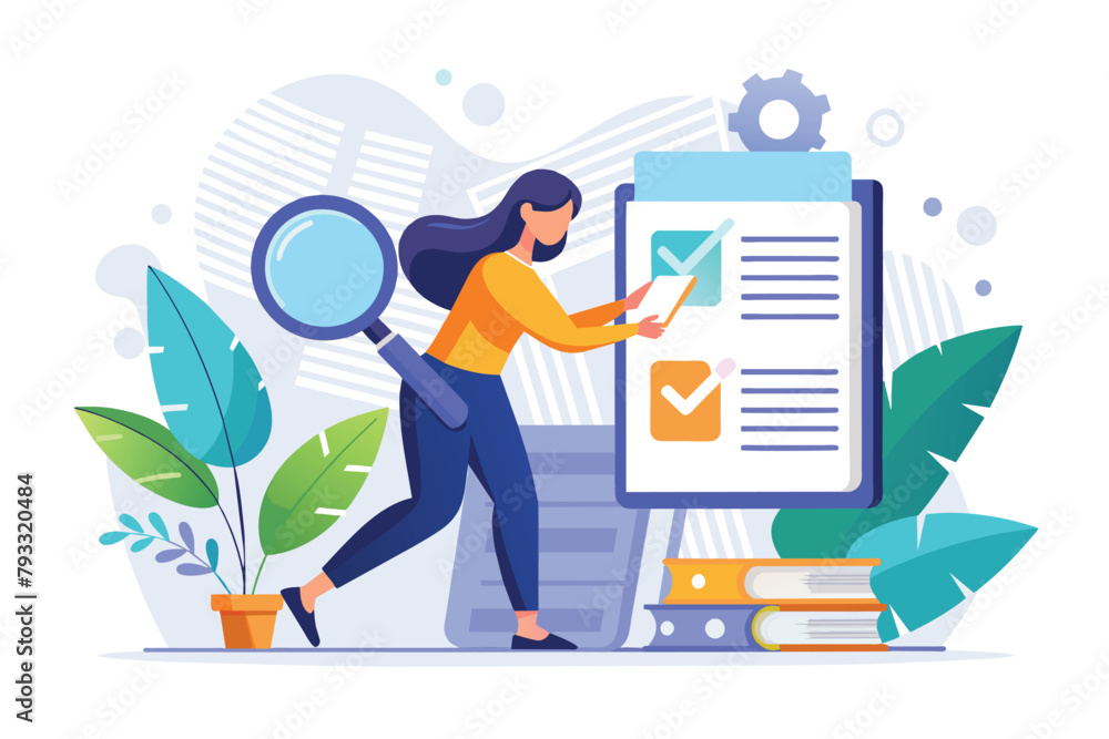 A woman holding a clipboard and checking off items on a checklist, Tiny woman with guide instructions or handbooks, searching on user manual, Simple and minimalist flat Vector Illustration A woman holding a clipboard and checking off items on a checklist, Tiny woman with guide instructions or handbooks, searching on user manual, Simple and minimalist flat Vector Illustration