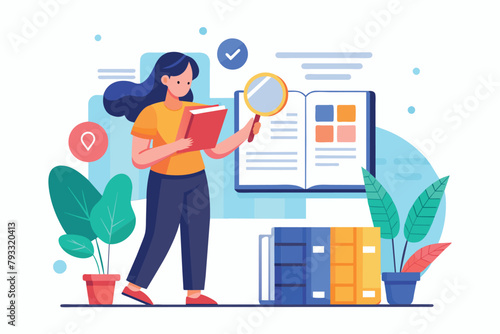 A woman holding a book and magnifying glass, examining the text closely, Tiny woman with guide instructions or handbooks, searching on user manual, Simple and minimalist flat Vector Illustration