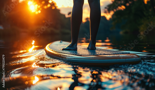 Sunset paddleboarding on serene lake photo