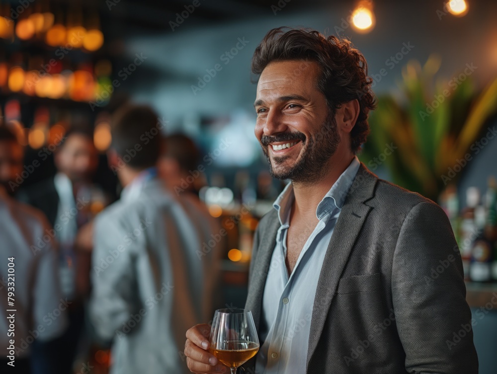 A man in a suit is smiling and holding a glass of wine. He is surrounded by other people, some of whom are also smiling. The atmosphere seems to be relaxed and social