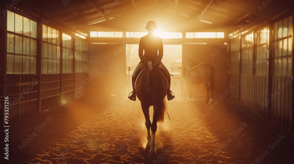 Silhouette of a horse riding instructor inside a stable during sunset, with rays of light creating a dramatic effect.
