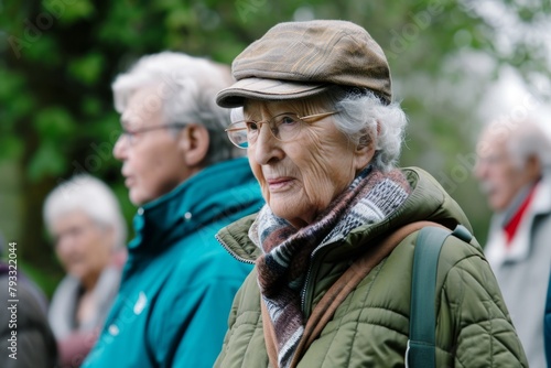 Elderly woman with a hat and green jacket walking in the park