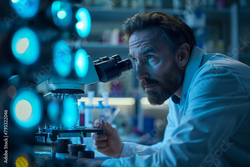 A focused immunologist examines samples under a microscope in a dimly lit laboratory.