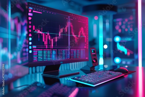 Modern financial data analysis setup with glowing screens and statistics visualized through creative visualization