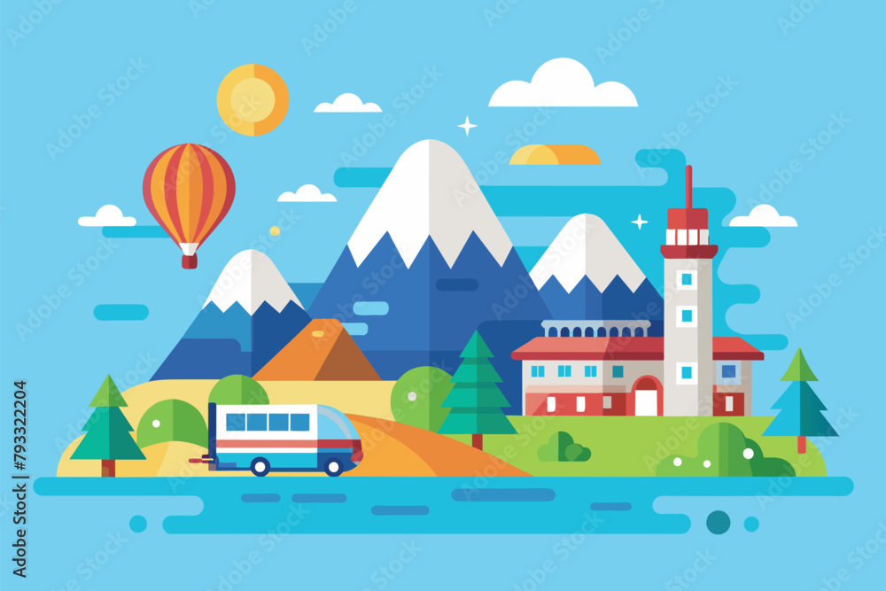 Car traveling down road alongside towering mountain in a scenic landscape, travel, Simple and minimalist flat Vector Illustration