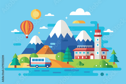 Car traveling down road alongside towering mountain in a scenic landscape, travel, Simple and minimalist flat Vector Illustration © Iftikhar alam