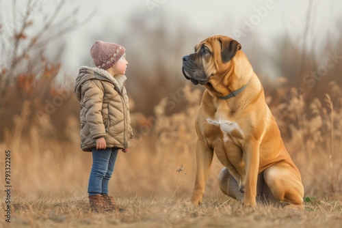 Little girl with Oripei companion dog under the sky in a field © Aleks