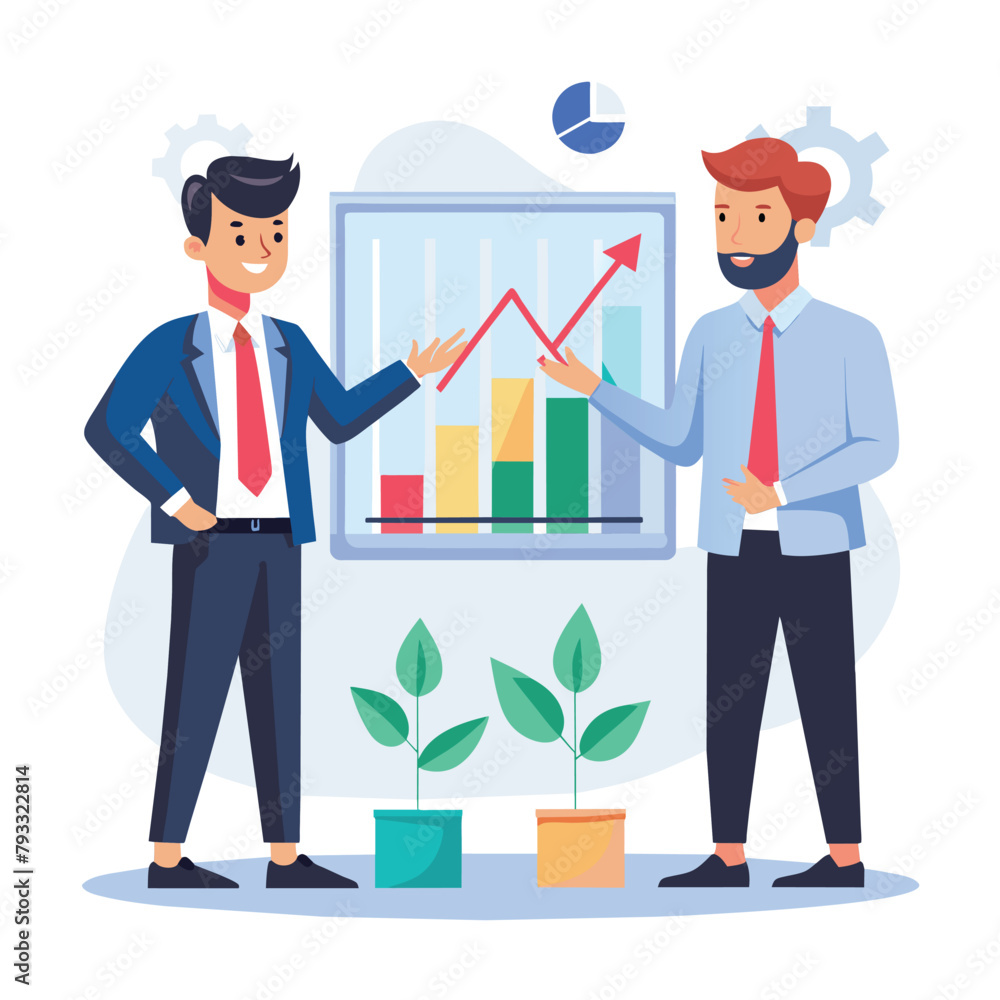 Two Businessmen Analyzing Stock Market Graphs, two businessman showing graph, stock financial trading market diagram, Simple and minimalist flat Vector Illustration Two Businessmen Analyzing Stock Market Graphs, two businessman showing graph, stock financial trading market diagram, Simple and minimalist flat Vector Illustration