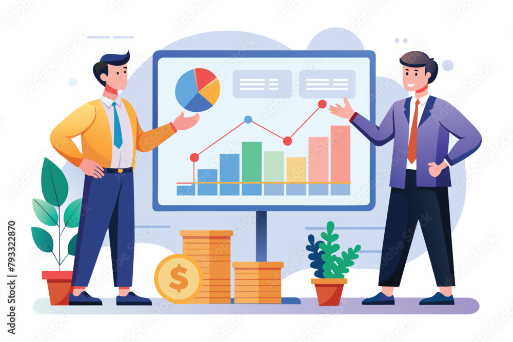 Businessmen Analyzing Financial Graphs on Large Screen, two businessman showing graph, stock financial trading market diagram, Simple and minimalist flat Vector Illustration Businessmen Analyzing Financial Graphs on Large Screen, two businessman showing graph, stock financial trading market diagram, Simple and minimalist flat Vector Illustration