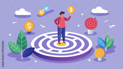 A person standing at the center of a maze surrounded by symbols of different assets and investments trying to decipher the best route to