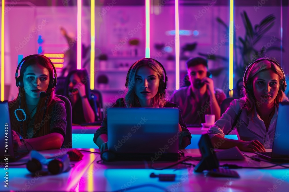 Varied team of young professionals collaborates on a project in a lively, neon-lit office space Varied team of young professionals collaborates on a project in a lively, neon-lit office space