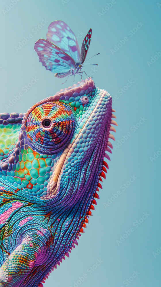A vertical composition featuring a chameleon with vibrant, detailed skin textures staring intently at a butterfly, against a uniform blue background