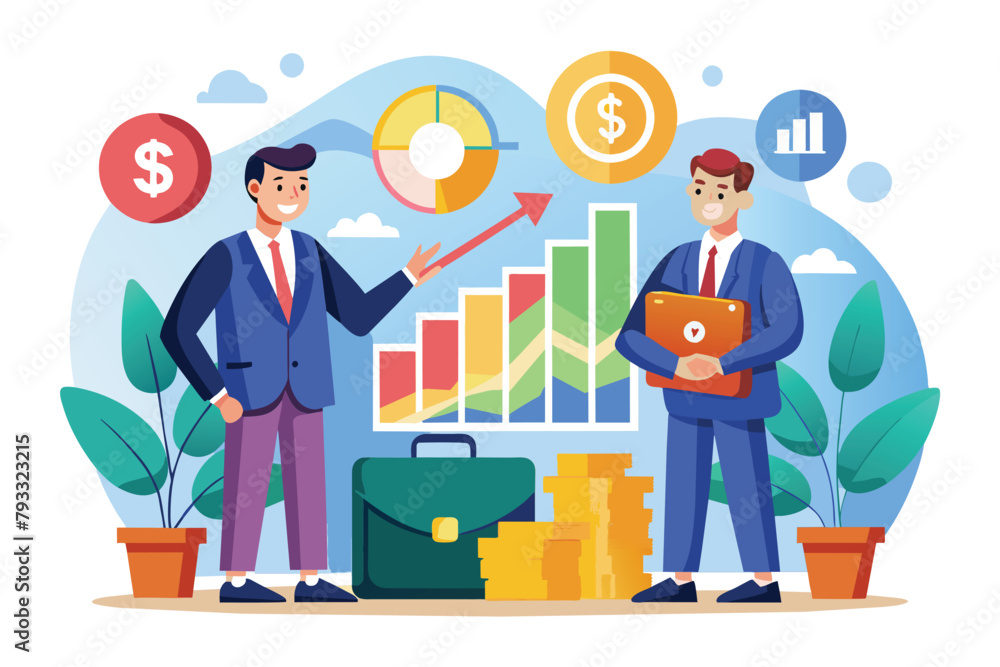Two Men Discussing Financial Data, two businessmen with successful financial operations diagram,concept flat illustration Two Men Discussing Financial Data, two businessmen with successful financial operations diagram,concept flat illustration