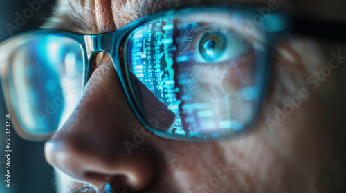 Close-up of a cybersecurity expert analyzing code reflected in glasses.