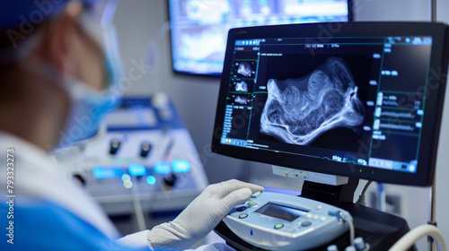 Close-up photo of a medical professional performing ultrasound on swollen legs to diagnose venous disorders photo