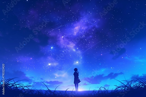 Silhouette girl anime night sky field shooting stars Milky Way galaxy illustration