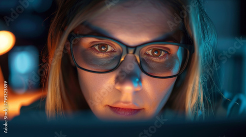 Close-up of a woman with glasses focused on her computer screen work.