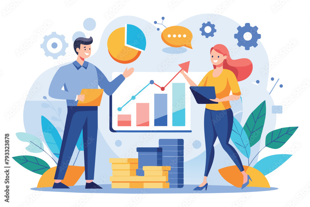 A man and a woman stand in front of a chart, analyzing business strategy together, two business people analyzing business strategy growth, Simple and minimalist flat Vector Illustration A man and a woman stand in front of a chart, analyzing business strategy together, two business people analyzing business strategy growth, Simple and minimalist flat Vector Illustration