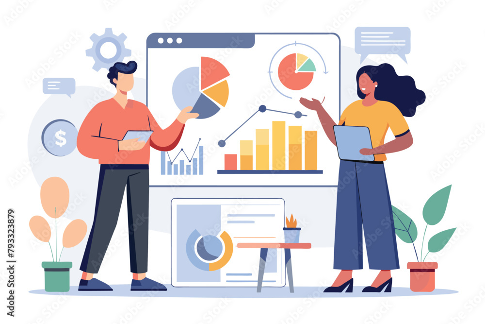 Fototapeta premium Two business people analyzing company charts on a large screen in a modern office setting, two business people analyzing company charts, Simple and minimalist flat Vector Illustration