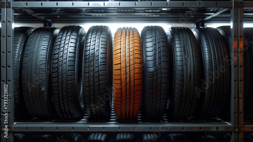 Uniform tire lineup on sturdy shelf with vibrant orange contrast for automotive enthusiasts
