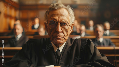 Solemn judge in black robes sitting in a courtroom with blurred background figures. photo