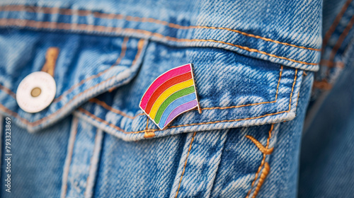 Close-up of a pride flag pin attached to a denim jacket pocket, symbolizing LGBTQ+ identity and support