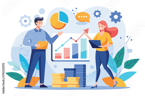 A man and a woman stand in front of a chart, analyzing business strategy together, two business people analyzing business strategy growth, Simple and minimalist flat Vector Illustration