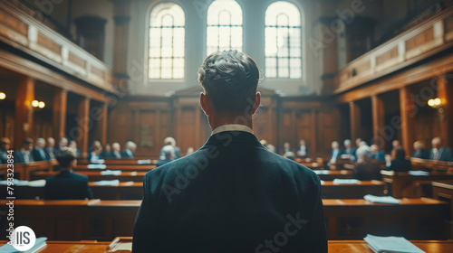 Rear view of a person standing in a court, facing the judge and others. photo