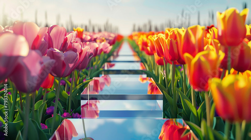 a modern glass podium in the middle of a colorful field of tulips each flower in full bloom #793324014