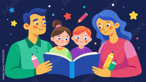 A scene of parents and children armed with colorful highlighters pondering over thoughtprovoking questions about the first book club book.
