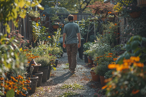 A landscaper stands amidst a lush garden, with vibrant plants and pathways leading into the serene greenery. photo
