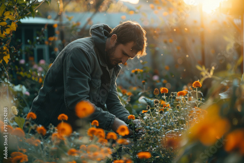 A landscaper is attentively working in a sunlit garden surrounded by vibrant flowers. photo