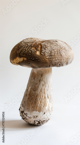 A still life of a single porobella mushroom against a white background. Copy space