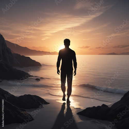 Black Silhouette of a Man walking towards the ocean at sunset - Mindfulness meditation and willpower concept