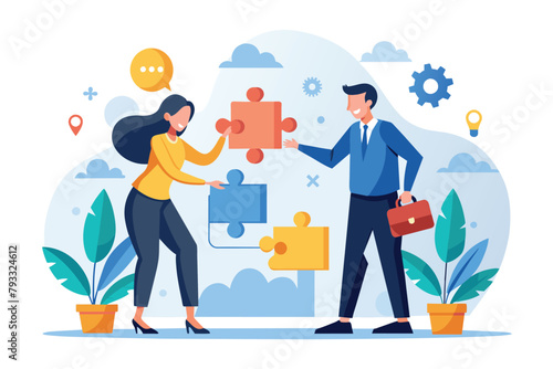 Man and Woman Holding Puzzle Piece, two business people are looking for a solution to a business problem, Simple and minimalist flat Vector Illustration