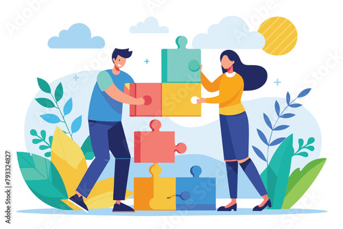 A man and a woman  both business executives  are holding and connecting a puzzle piece together  two business people building a working puzzle  Simple and minimalist flat Vector Illustration